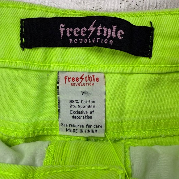 Freestyle Revolution Neon Yellow Denim Shorts Rhinestone Distressed‎ Size 7 - Picture 2 of 3